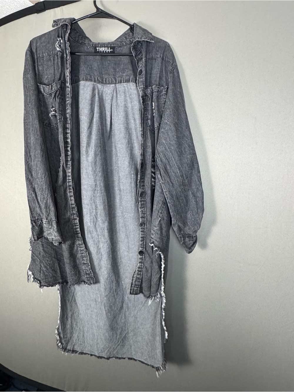 Thrill Washed Black Distressed Denim Shacket